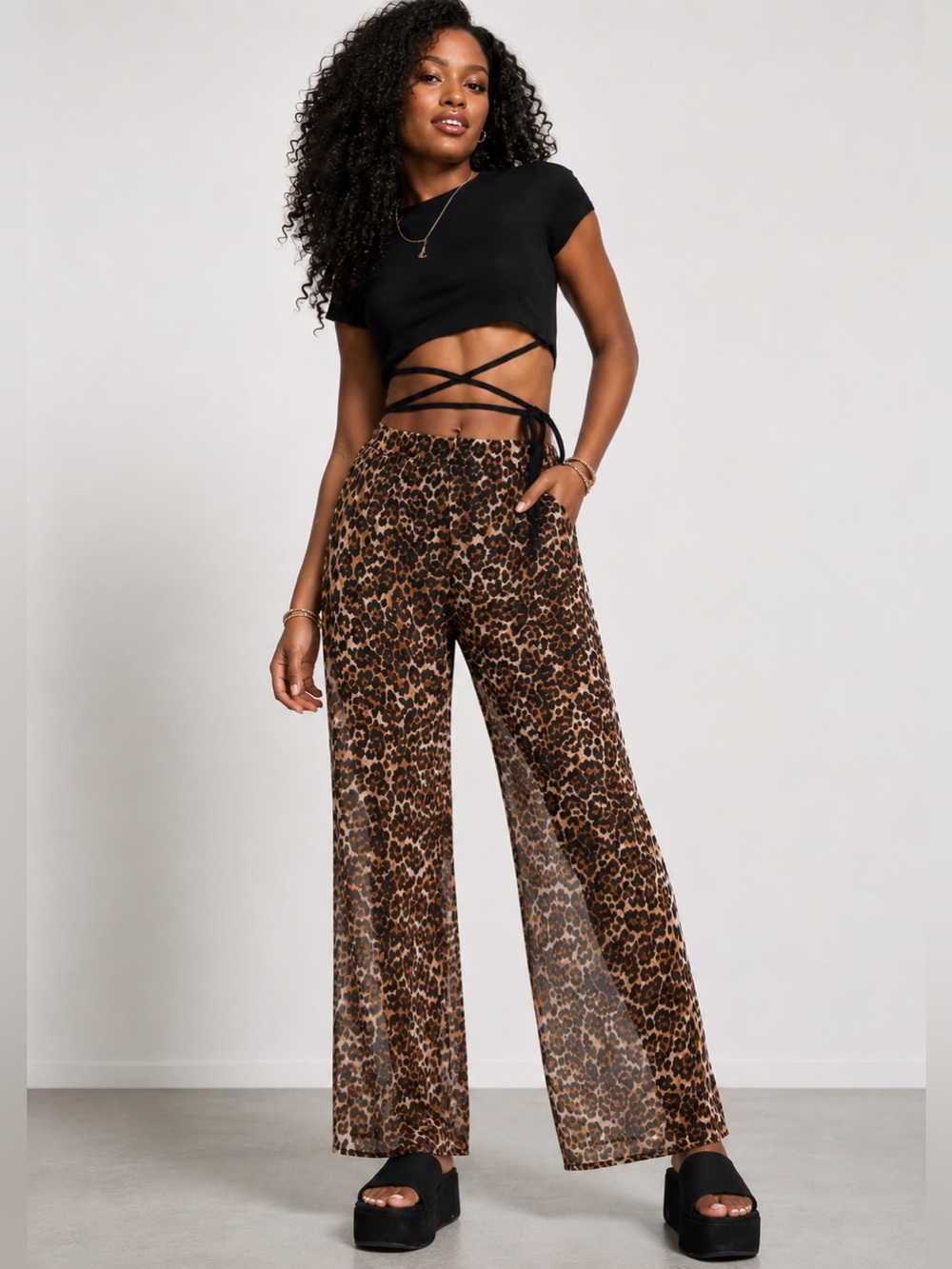 ZARA Leopard Print Sheer Wide-Leg Pants – Size S